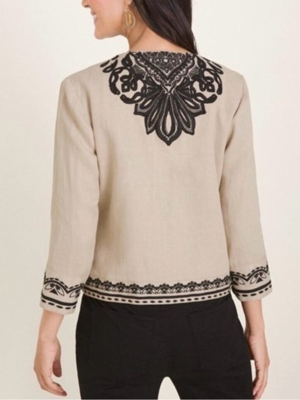 Chico's Jacket 100% Linen Tan Open Jacket with Black Embroidery Chicos Size 3 - Picture 2 of 15